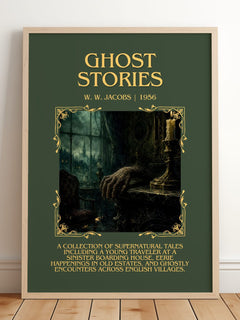 Ghost Stories Minimalist Book Poster by W. W. Jacobs – framed print leaning on a wooden floor