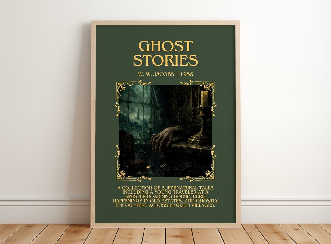 Ghost Stories Minimalist Book Poster by W. W. Jacobs – framed print leaning on a wooden floor