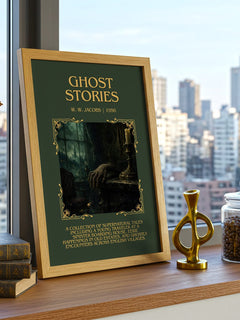 Ghost Stories Minimalist Book Poster by W. W. Jacobs – framed print on a city-view windowsill