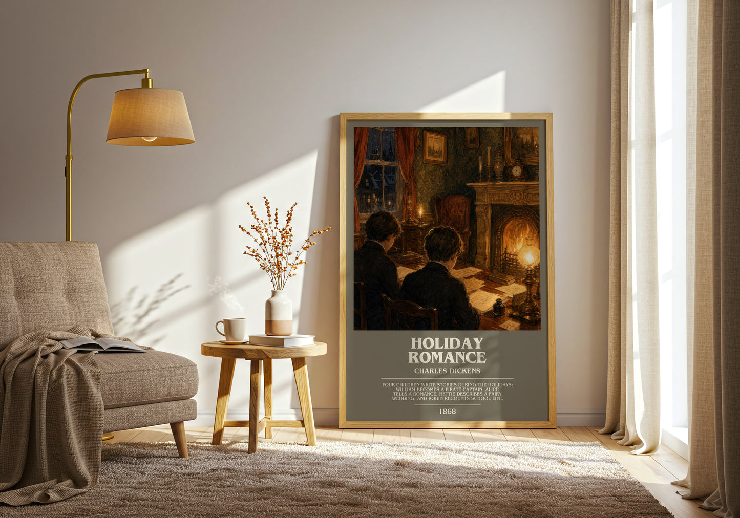 Holiday Romance bookish print on bookshelf – Charles Dickens fan gift