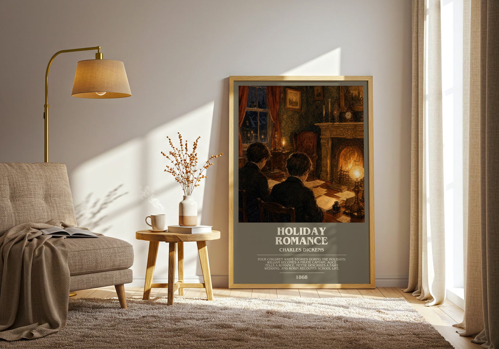 Holiday Romance bookish print on bookshelf – Charles Dickens fan gift