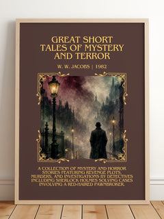 Great Short Tales of Mystery and Terror Minimalist Book Poster by W. W. Jacobs – framed print leaning on a wooden floor