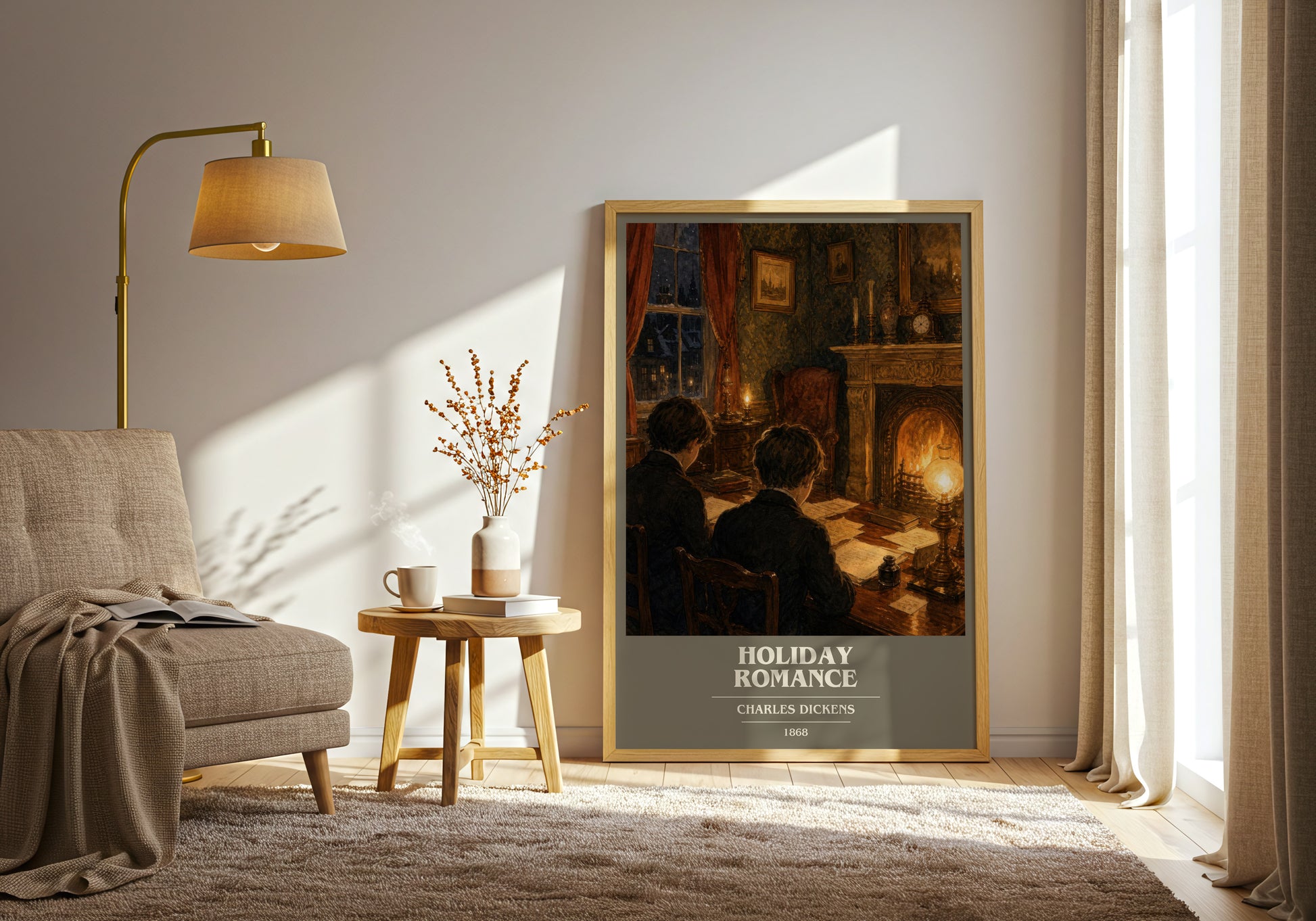 Holiday Romance book cover print on bookshelf – Charles Dickens fan gift