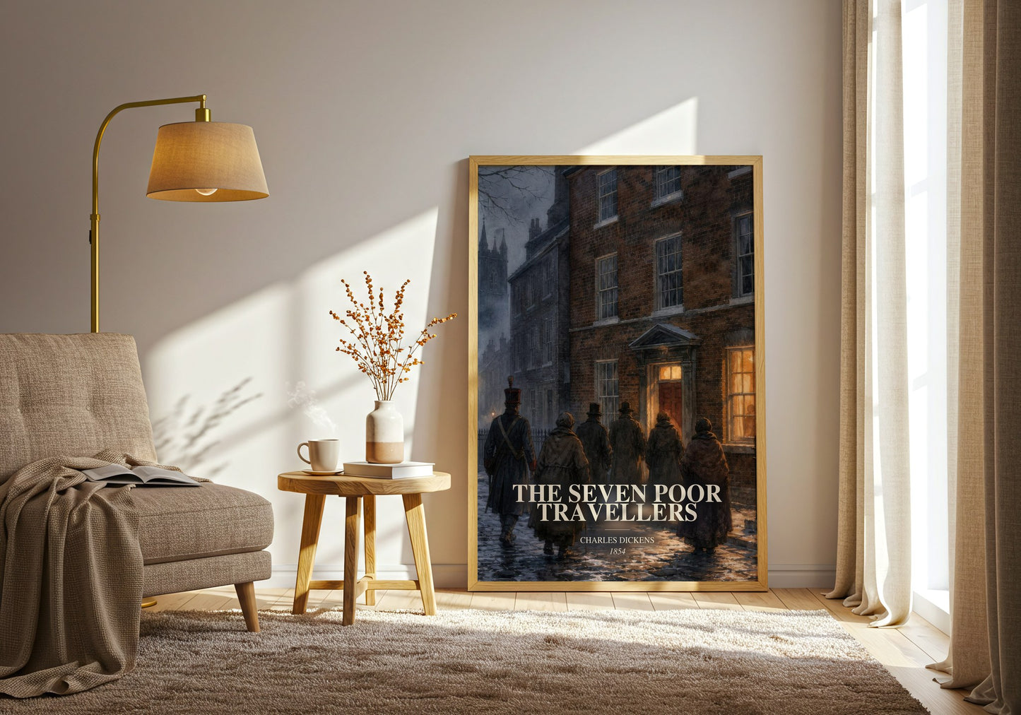 The Seven Poor Travellers watercolour print in frame leaning in hallway – classic literature wall art