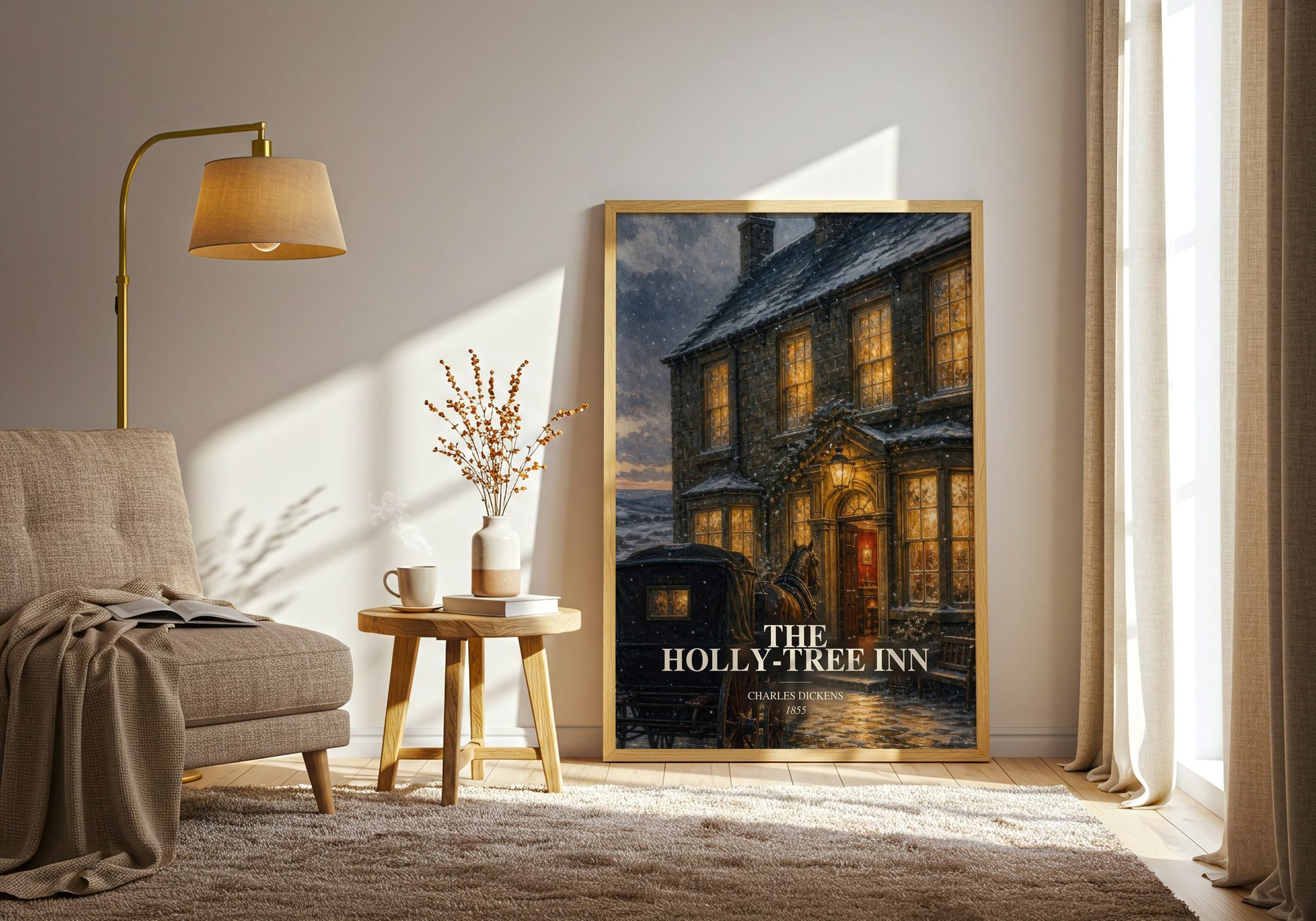 The Holly-Tree Inn watercolour print in frame leaning in hallway – classic literature wall art