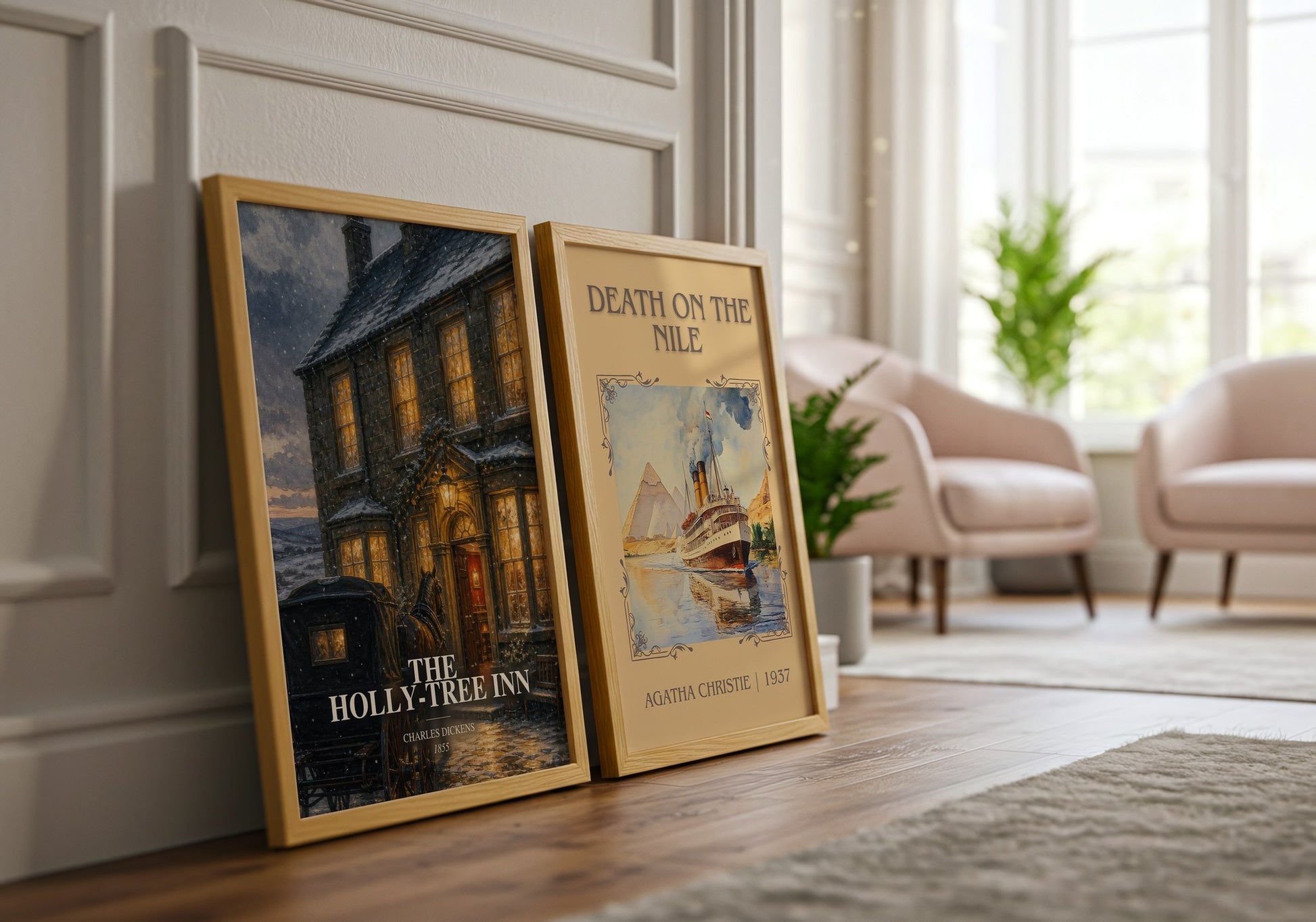 The Holly-Tree Inn watercolour print framed by window – literary home decor