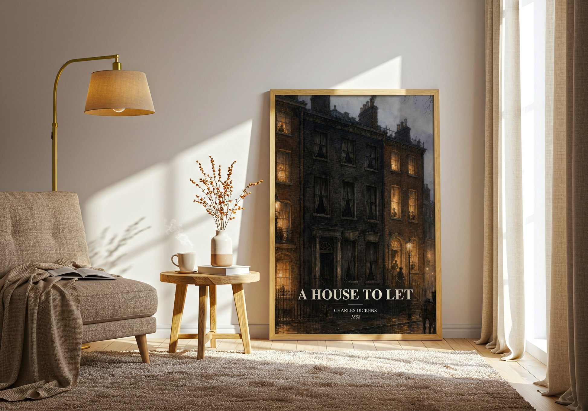 A House To Let watercolour print in frame leaning in hallway – mystery wall art