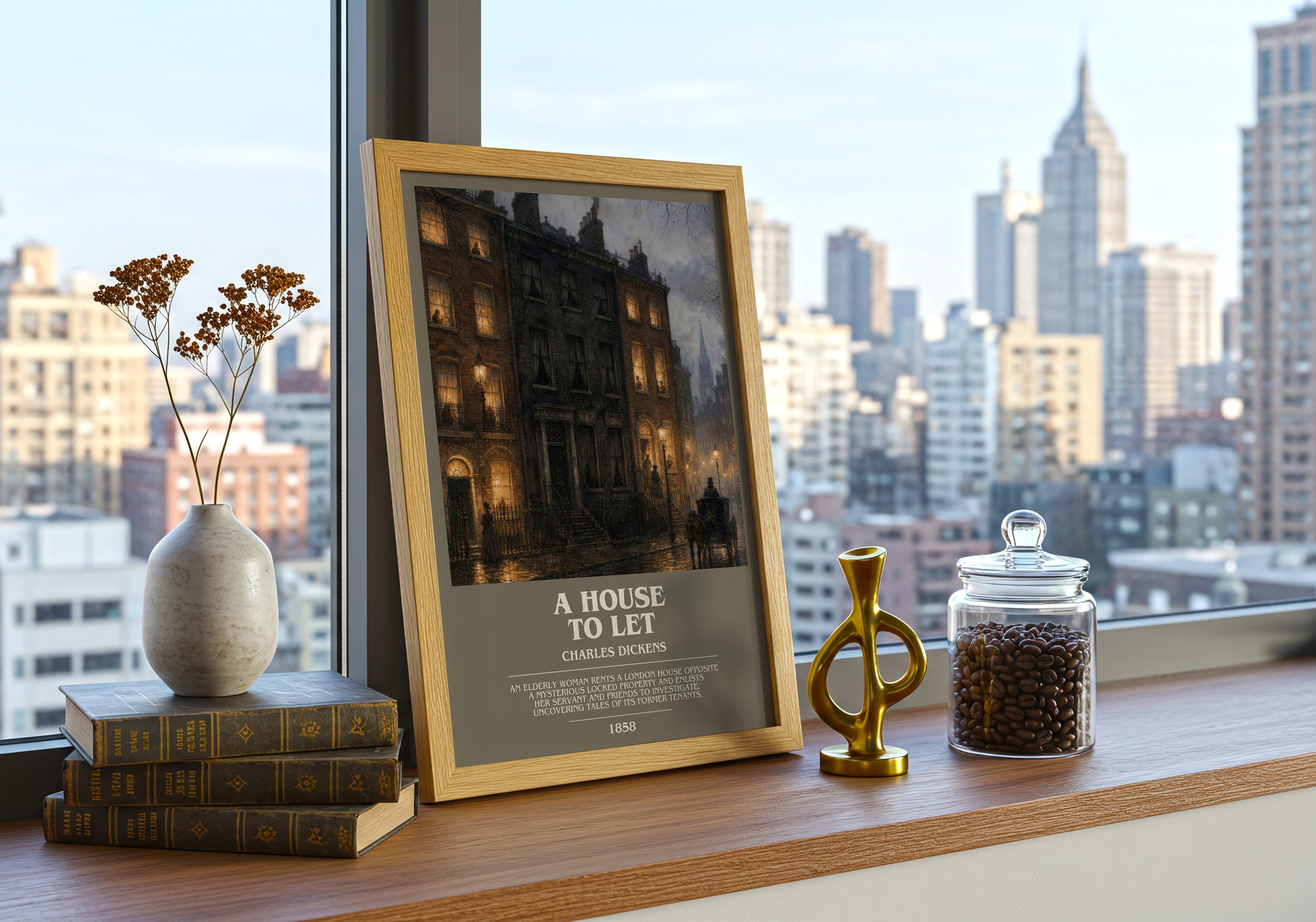A House To Let bookish print framed by window – literary home decor