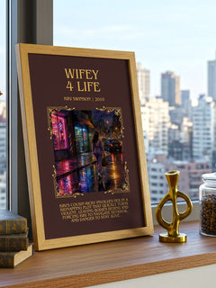Wifey 4 life Minimalist Book Poster by Kiki Swinson – framed print on a city-view windowsill