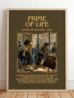 Prime of Life Minimalist Book Poster by Simone de Beauvoir – framed print leaning on a wooden floor