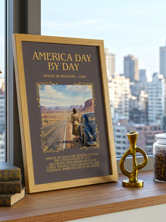 America Day by Day Minimalist Book Poster by Simone de Beauvoir – framed print on a city-view windowsill