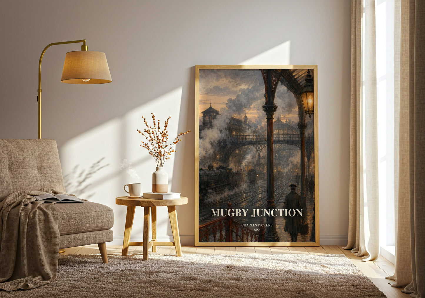 Mugby Junction watercolour print in frame leaning in hallway – classic literature wall art