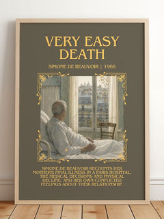 Very Easy Death Minimalist Book Poster by Simone de Beauvoir – framed print leaning on a wooden floor