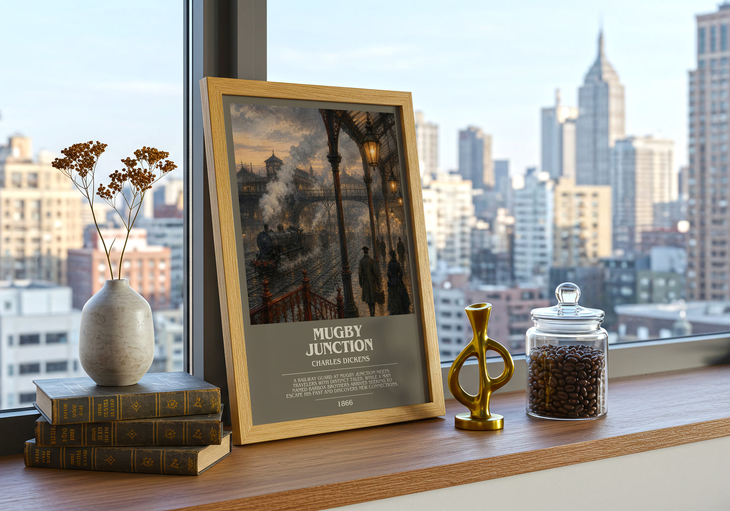 Mugby Junction bookish print framed by window – literary home decor