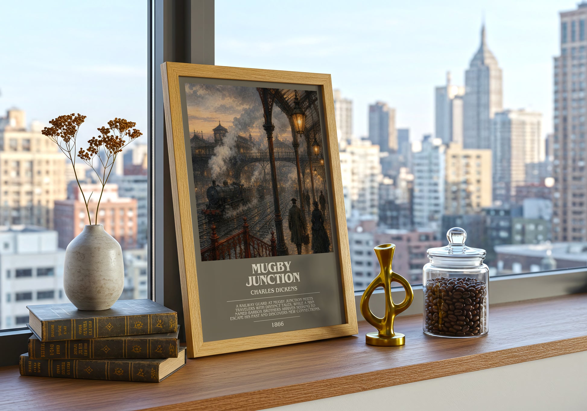 Mugby Junction bookish print framed by window – literary home decor