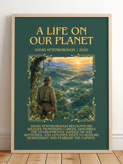 A Life on Our Planet Minimalist Book Poster by David Attenborough – framed print leaning on a wooden floor