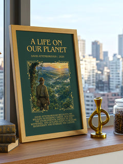 A Life on Our Planet Minimalist Book Poster by David Attenborough – framed print on a city-view windowsill