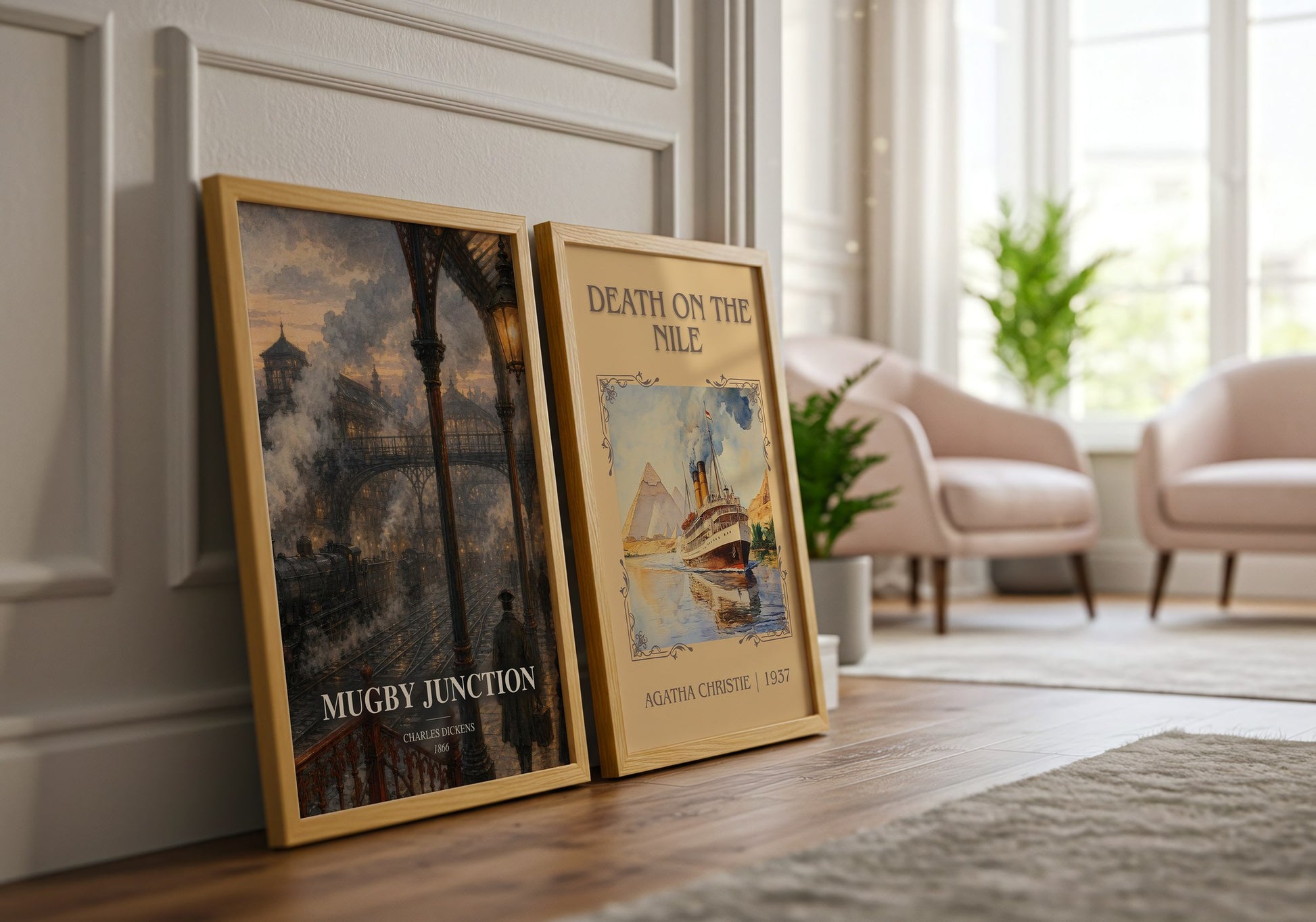 Mugby Junction watercolour print framed by window – literary home decor
