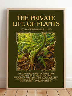 private life of plants Minimalist Book Poster by David Attenborough – framed print leaning on a wooden floor