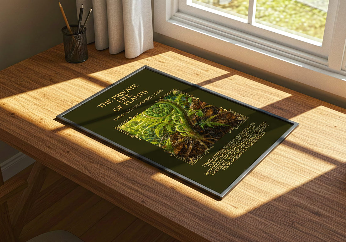 private life of plants Minimalist Book Poster by David Attenborough – print on a sunlit desk