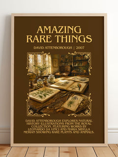 Amazing rare things Minimalist Book Poster by David Attenborough – framed print leaning on a wooden floor
