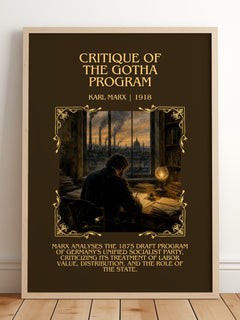 Critique of the Gotha program Minimalist Book Poster by Karl Marx – framed print leaning on a wooden floor