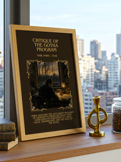 Critique of the Gotha program Minimalist Book Poster by Karl Marx – framed print on a city-view windowsill