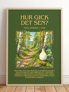 Hur gick det sen? Minimalist Book Poster by Tove Jansson – framed print leaning on a wooden floor