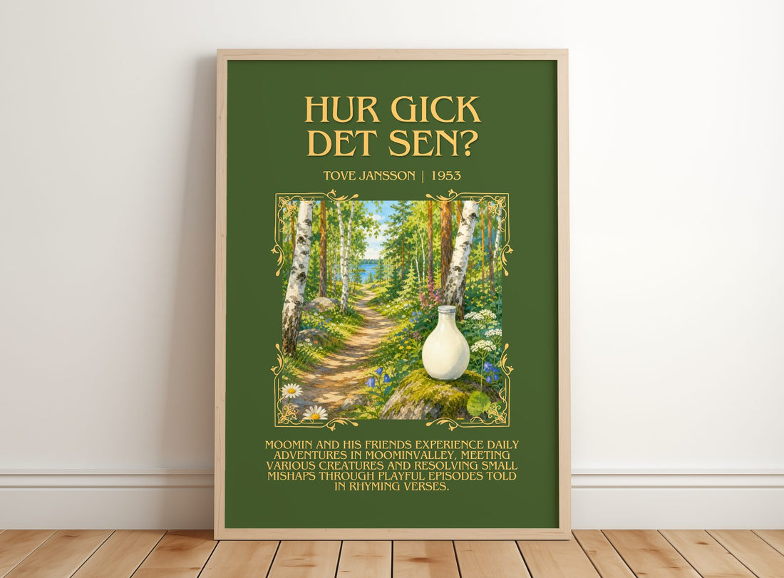 Hur gick det sen? Minimalist Book Poster by Tove Jansson – framed print leaning on a wooden floor