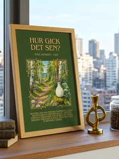 Hur gick det sen? Minimalist Book Poster by Tove Jansson – framed print on a city-view windowsill