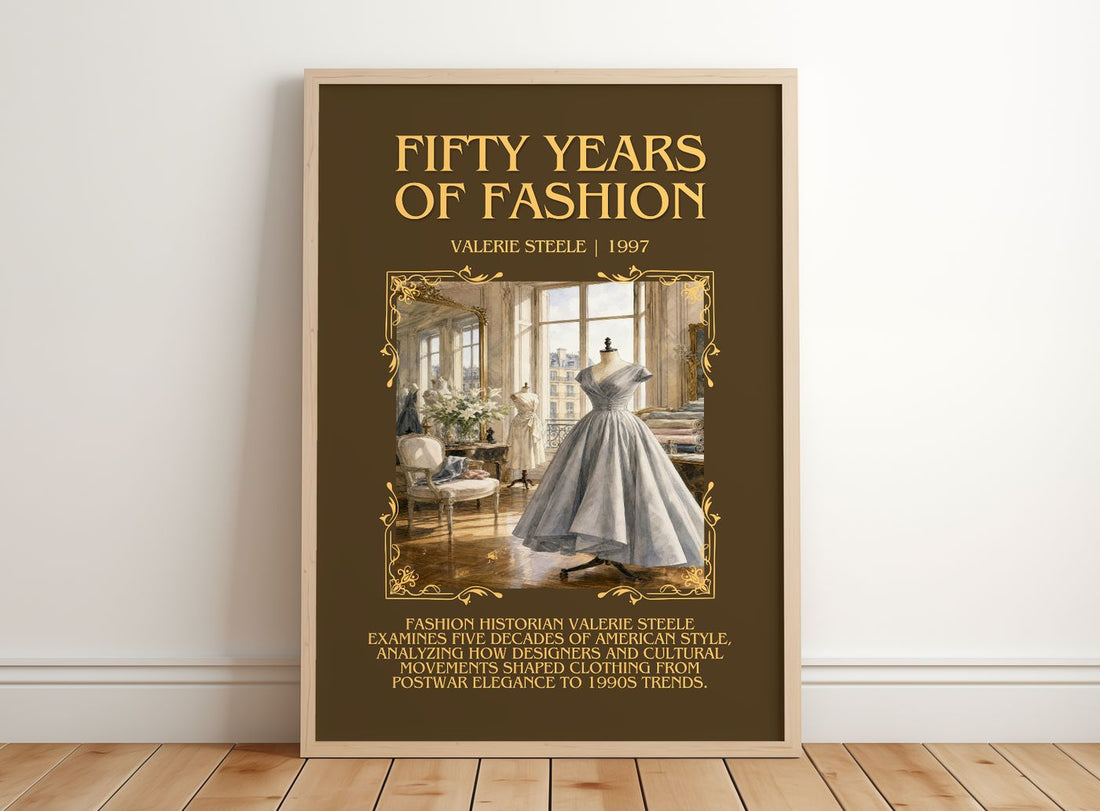 Fifty years of fashion Minimalist Book Poster by Valerie Steele – framed print leaning on a wooden floor