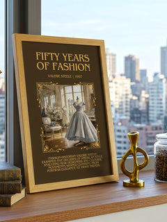 Fifty years of fashion Minimalist Book Poster by Valerie Steele – framed print on a city-view windowsill