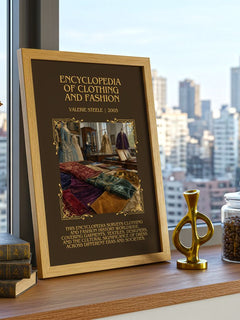 Encyclopedia of clothing and fashion Minimalist Book Poster by Valerie Steele – framed print on a city-view windowsill