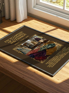 Encyclopedia of clothing and fashion Minimalist Book Poster by Valerie Steele – print on a sunlit desk