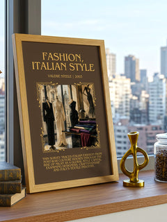 Fashion, Italian style Minimalist Book Poster by Valerie Steele – framed print on a city-view windowsill