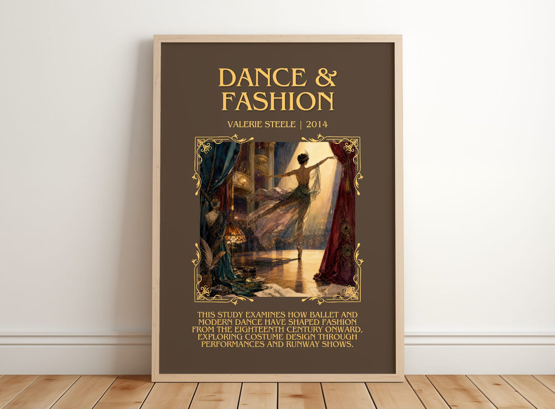 Dance & fashion Minimalist Book Poster by Valerie Steele – framed print leaning on a wooden floor