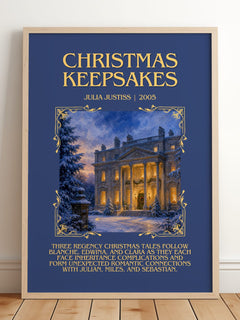 Christmas Keepsakes Minimalist Book Poster by Julia Justiss – framed print leaning on a wooden floor