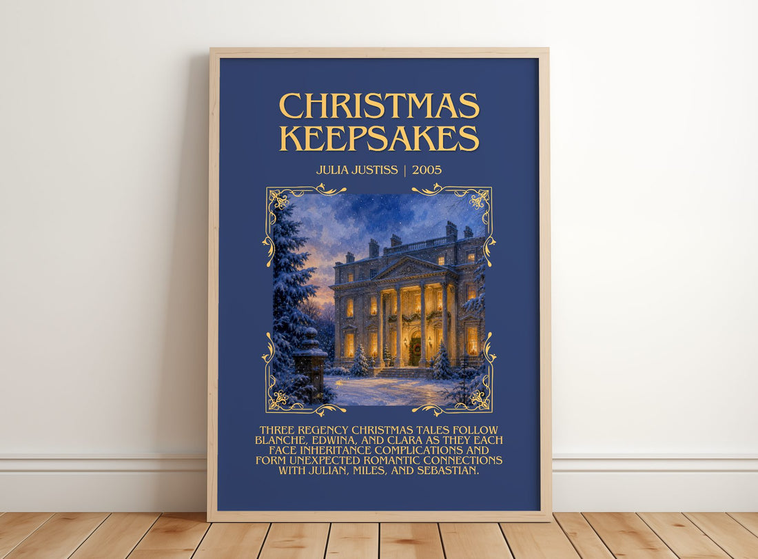 Christmas Keepsakes Minimalist Book Poster by Julia Justiss – framed print leaning on a wooden floor