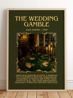 The Wedding Gamble Minimalist Book Poster by Julia Justiss – framed print leaning on a wooden floor