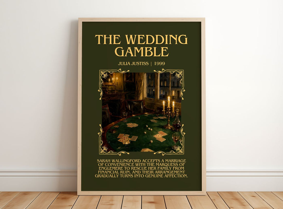The Wedding Gamble Minimalist Book Poster by Julia Justiss – framed print leaning on a wooden floor