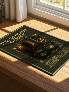 The Wedding Gamble Minimalist Book Poster by Julia Justiss – print on a sunlit desk