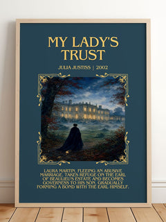 My Lady's Trust Minimalist Book Poster by Julia Justiss – framed print leaning on a wooden floor