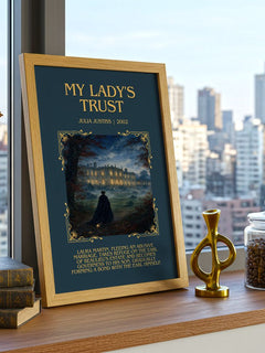 My Lady's Trust Minimalist Book Poster by Julia Justiss – framed print on a city-view windowsill