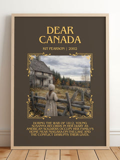 Dear Canada Minimalist Book Poster by Kit Pearson – framed print leaning on a wooden floor