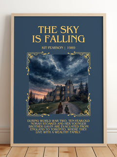 The sky is falling Minimalist Book Poster by Kit Pearson – framed print leaning on a wooden floor