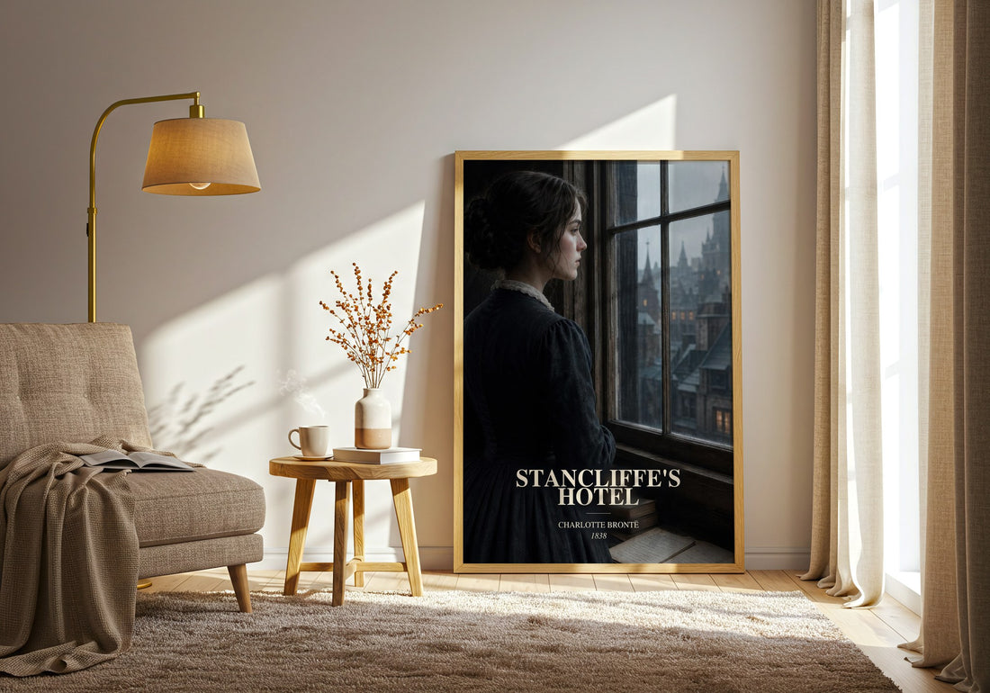 Stancliffe'S Hotel watercolour print in frame leaning in hallway – classic literature wall art (mockup)