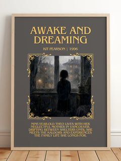 Awake and Dreaming Minimalist Book Poster by Kit Pearson – framed print leaning on a wooden floor