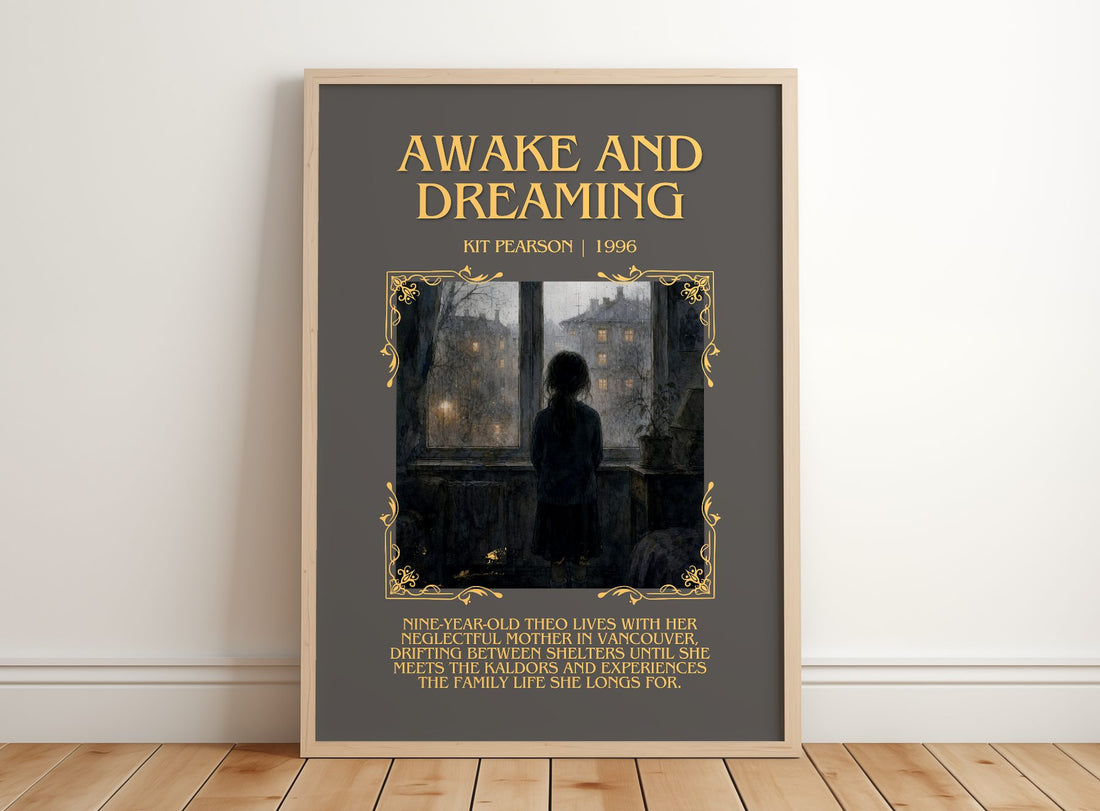 Awake and Dreaming Minimalist Book Poster by Kit Pearson – framed print leaning on a wooden floor