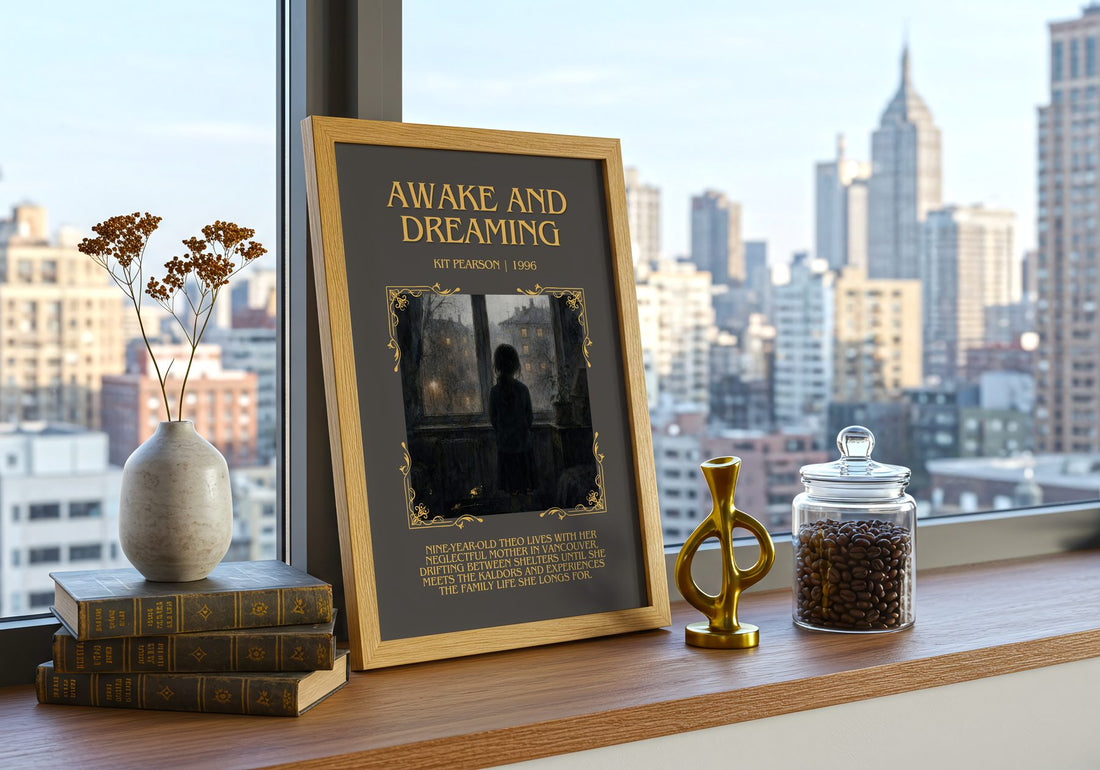 Awake and Dreaming Minimalist Book Poster by Kit Pearson – framed print on a city-view windowsill