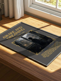Awake and Dreaming Minimalist Book Poster by Kit Pearson – print on a sunlit desk